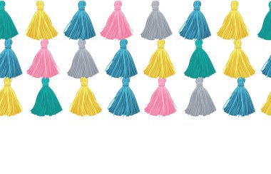 Vector Colorful Decorative Tassels Rows Horizontal Seamless Repeat Border Pattern. Great for handmade cards, invitations, wallpaper, packaging, nursery designs. clipart