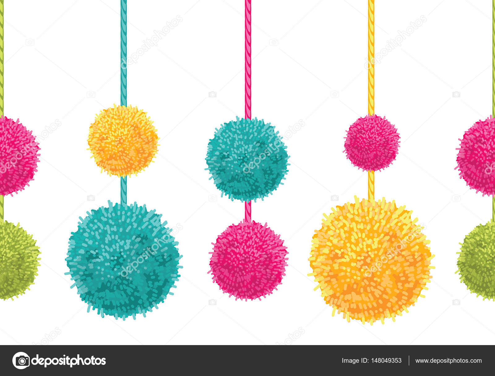 Reticolo di vettore divertente colorato decorativo appeso pompon confine ripetere senza cuciture orizzontali Ottimo per carte fatte a mano inviti