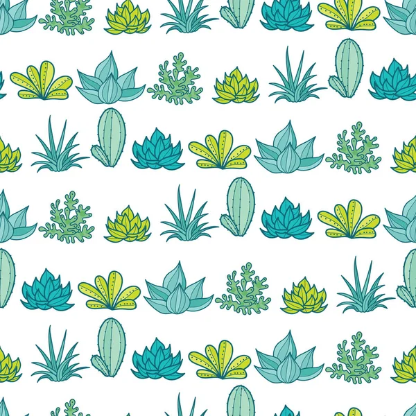 Vector blauwe groene strepen naadloze terugkeerpatroon met vetplanten en cactussen In potten kweken. Trendy tropische ontwerp voor textiel, weefsel, verpakking, achtergronden, wallpaper. — Stockvector