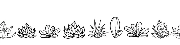 Vector blanco y negro sin costura horizontal repetición patrón de frontera con el crecimiento de suculentas y cactus en macetas. Diseño tropical de moda para textiles, telas, envases, telones de fondo, papel pintado . — Vector de stock