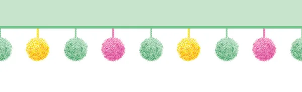 Vector kleurrijke Pastel Baby kamer Pompoms aangezet tekenreeksen horizontale rand voor naadloze herhalen patroon. Geweldig voor handgemaakte kaarten, uitnodigingen, behang, verpakking, kwekerij ontwerpen. — Stockvector