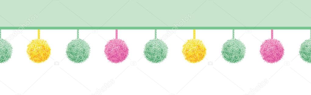 Vector Colorful Pastel Baby Room Pompoms Set On Strings Horizontal Seamless Repeat Border Pattern. Great for handmade cards, invitations, wallpaper, packaging, nursery designs.