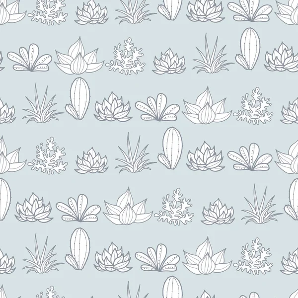 Patrón de repetición sin costuras de rayas grises vectoriales con suculentas crecientes y cactus en macetas. Diseño tropical de moda para textiles, telas, envases, telones de fondo, papel pintado . — Vector de stock