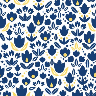 Koyu mavi lacivert ve Sarı Lale çiçek sorunsuz tekrar desen bacgkround tasarım vektör. Bahar tebrik kartları, davetiyeleri, düğün, kumaş, duvar kağıdı, kaydırma projeleri için büyük.