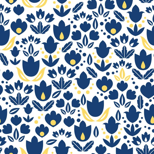 Vektor dunkelblau marine und gelben Tulpen Blumen nahtlos wiederholen Muster bacgkround Design. ideal für Frühlingsgrußkarten, Einladungen, Hochzeiten, Stoffe, Tapeten, Verpackungsprojekte. — Stockvektor