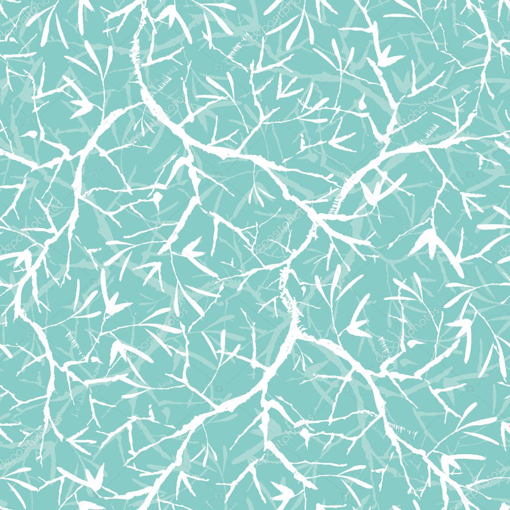 Vector turquoise blue and white bracnhes painted texture. Seamless repeat pattern background. Great for wallpaper, cards, fabric, wrapping paper, stationery projects.
