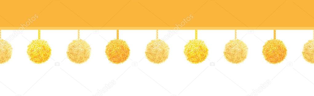 Vector Golden Yellow Decorative Pom Poms On A String Horizontal Seamless Repeat Border Pattern. Great for handmade cards, invitations, wallpaper, packaging, nursery designs.
