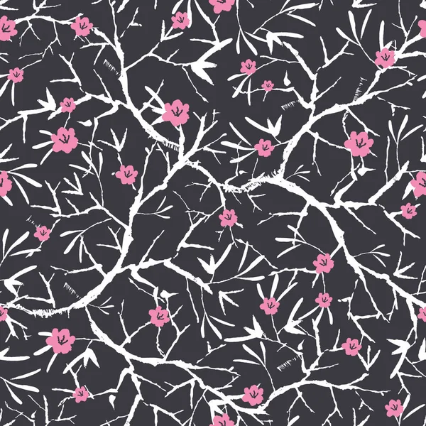 Vektor, černé, růžové a bílé kvetoucí sakura bracnhes malované texturu. Opakujeme vzor bezešvé pozadí. Skvělé pro tapety, karty, tkaniny, balicí papír, šablony projektů. — Stockový vektor