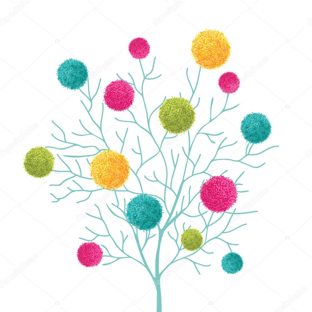 Vector Tree With Colorful Pom Poms Decorative Element. Great for nursery room, handmade cards, invitations, baby designs.