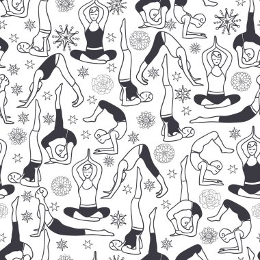 Vektör siyah ve Beyaz Yoga sorunsuz tekrar desen arka plan tasarım teşkil etmektedir. Büyük egzersiz ve sağlıklı yaşam için esin kaynağı oldu ürünleri, kumaş, ambalaj, wallaper projeleri.