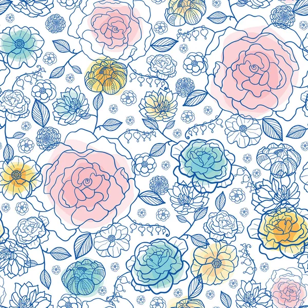 Vector navy and pastels spring flowers seamless repeat pattern bacgkround design. Great for springtime greeting cards, invitations, wedding, fabric, wallpaper, wrapping projects. — Stock Vector
