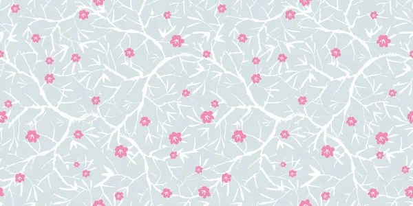 Vector silver grey, pink, and white blooming sakura bracnhes painted texture. Seamless repeat pattern background. Great for wallpaper, cards, fabric, wrapping paper, stationery projects. — Stock Vector