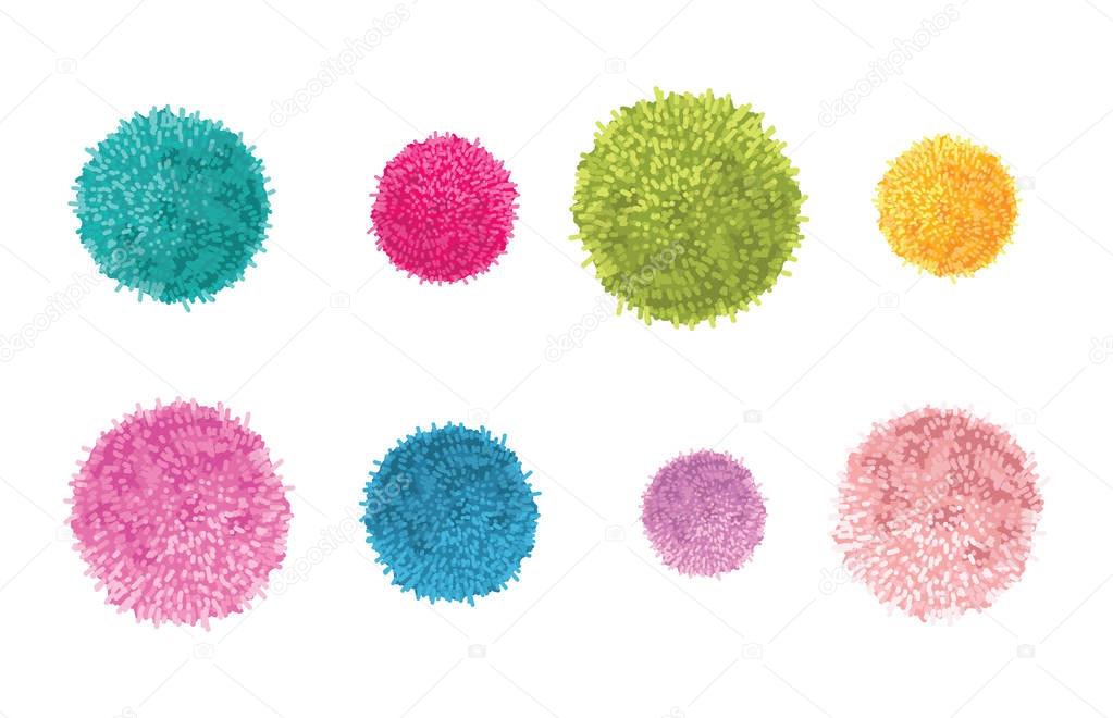 Vector Set of 8 Colorful Pom Poms Decorative Elements. Great for nursery room, handmade cards, invitations, baby designs.