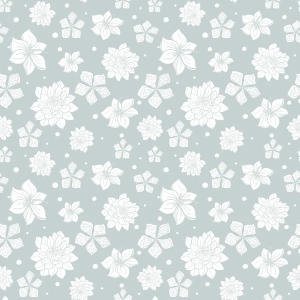 Vektor tropischen grau weißen Blüten nahtlos wiederholen Muster Hintergrunddesign. ideal für Sommerfest-Einladungen, Stoff, Tapete, Geschenkpapier. — Stockvektor