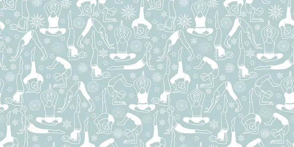 Vektor silbergrau und weiß Yoga posiert nahtlos wiederholen Muster Hintergrunddesign. ideal für gesunde Lebensweise und Workout inspirierte Produkte, Stoffe, Verpackungen, Tapeten-Projekte. — Stockvektor