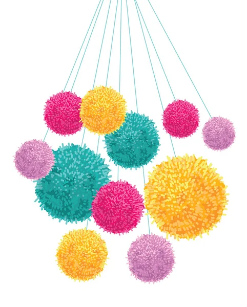 Vector färgglada Pom Poms gäng hängande dekorativa Element. Bra för skötrum, handgjorda kort, inbjudningar, baby mönster. — Stock vektor