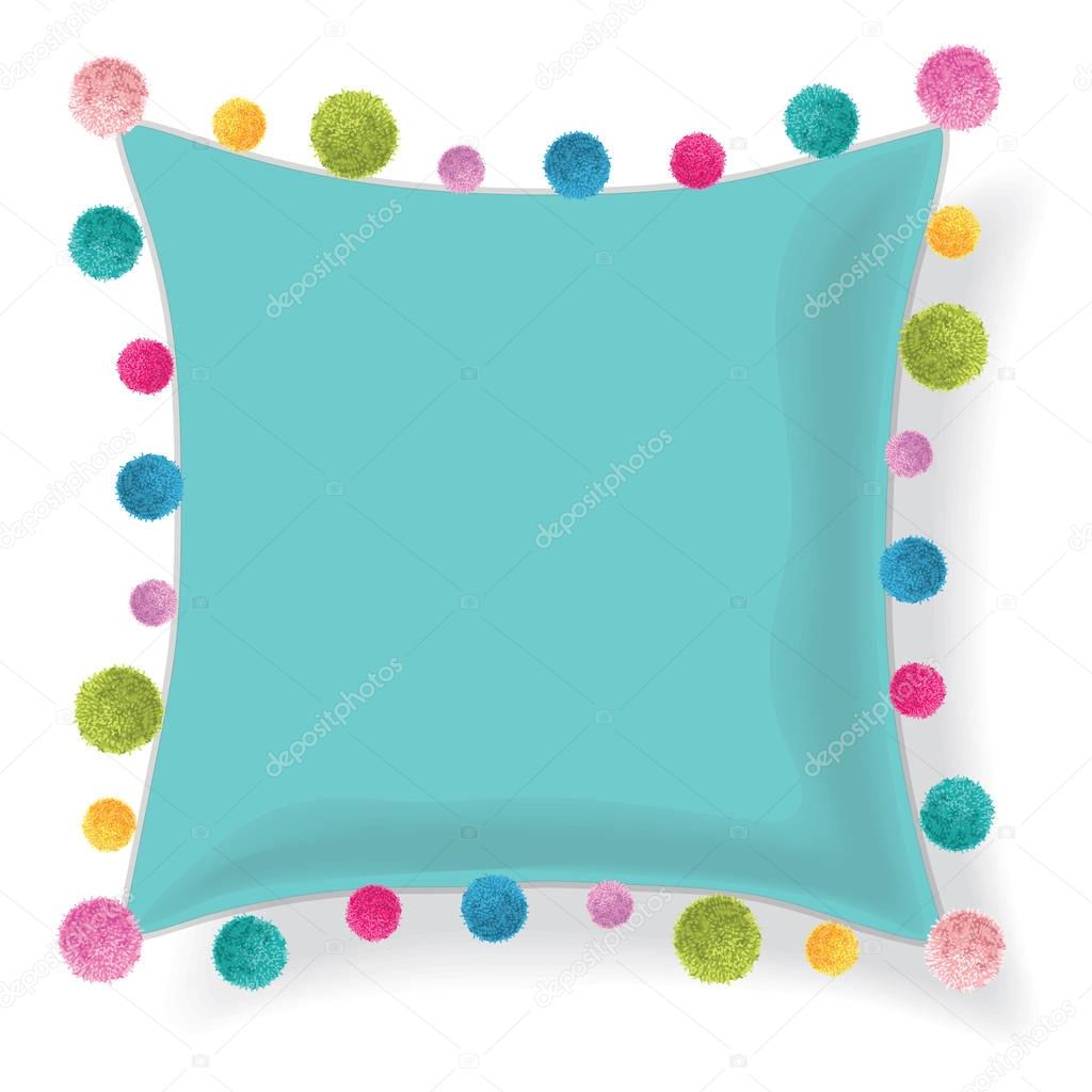 Vector Blue Pillow Decorated With Colorful Decorative Pompoms. Editable Template Design.
