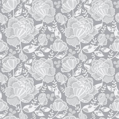 Vektör gümüş gri dekoratif gül ve yaprakları Dikişsiz desen arka plan tekrarlayın. Büyük el yapımı kartları, Davetiyeler, duvar kağıdı, ambalaj, düğün tasarımları için.