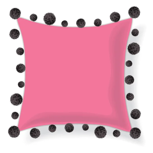 Vector rosa kudde dekorerade med svart dekorativ Pompoms. Redigerbara malldesign. — Stock vektor