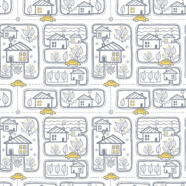 Vektör gümüş gri ve sarı şehir sokakları sorunsuz tekrar desen bacgkround tasarım doodle. Bahar tebrik kartları, Davetiyeler, hareketli Duyurular, kumaş, duvar kağıdı, kaydırma için harika