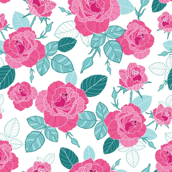 Vector vintage pink roses and blue leaves on white background seamless repeat pattern. Great for retro fabric, wallpaper, scrapbooking projects. — Stock Vector