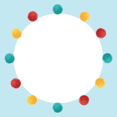 Vektör mavi çerçeve canlı doğum günü parti Pom Poms daire ayarla ve arka plan zemin yuvarlak. Büyük el yapımı kartları, Davetiyeler, duvar kağıdı, ambalaj, çocuk odası tasarımları için.