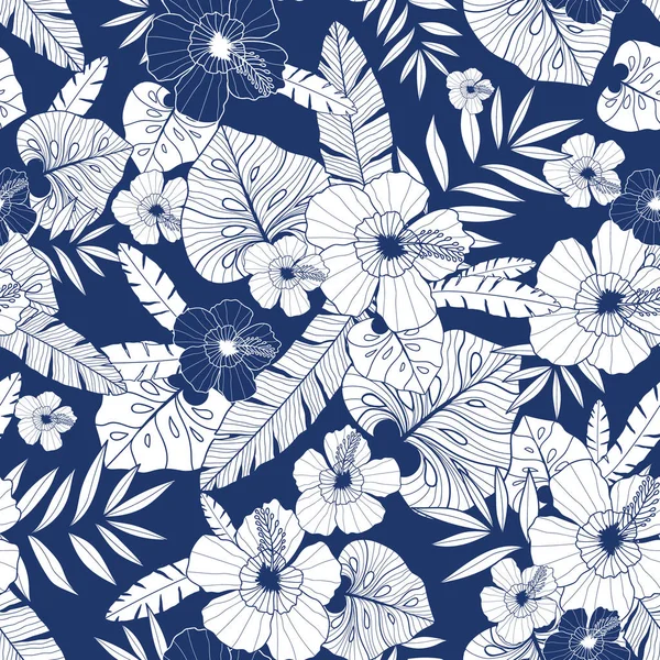 Vector blue drawing tropical summer hawaiian seamless pattern with tropical plants, leaves, and hibiscus flowers. Great for vacation themed fabric, wallpaper, packaging. — Stock Vector