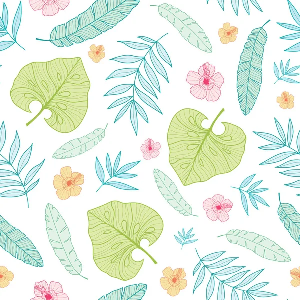 Vector light tropical summer hawaiian seamless pattern with tropical plants, leaves, and hibiscus flowers on white background. Great for vacation themed fabric, wallpaper, packaging. — Stock Vector