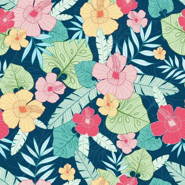 Vector tropical summer hawaiian seamless pattern with tropical plants, leaves, and hibiscus flowers. Great for vacation themed fabric, wallpaper, packaging. — Stock Vector