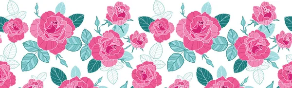 Vector vintage pink roses and blue leaves on white background horizontal seamless repeat pattern border. Great for retro fabric, wallpaper, scrapbooking projects. — Stock Vector