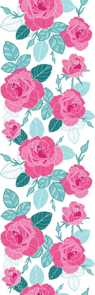 Vector vintage pink roses and blue leaves on white background vertical seamless repeat pattern border. Great for retro fabric, wallpaper, scrapbooking projects. — Stock Vector