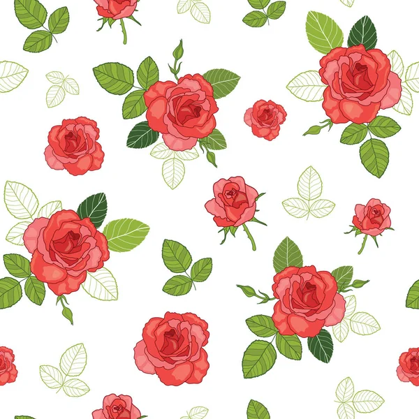 Vektor vintage Růže červené a zelené listy na bílém pozadí bezešvé vzor opakujeme. Skvělé pro retro látky, tapety, scrapbooking projekty. — Stockový vektor