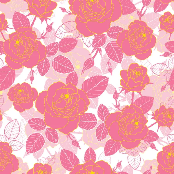 Vector vintage roze en gele gouden rozen en bladeren op een witte achtergrond naadloze herhalen patroon textuur. Geweldig voor retro stof, behang, scrapbooking projecten. — Stockvector