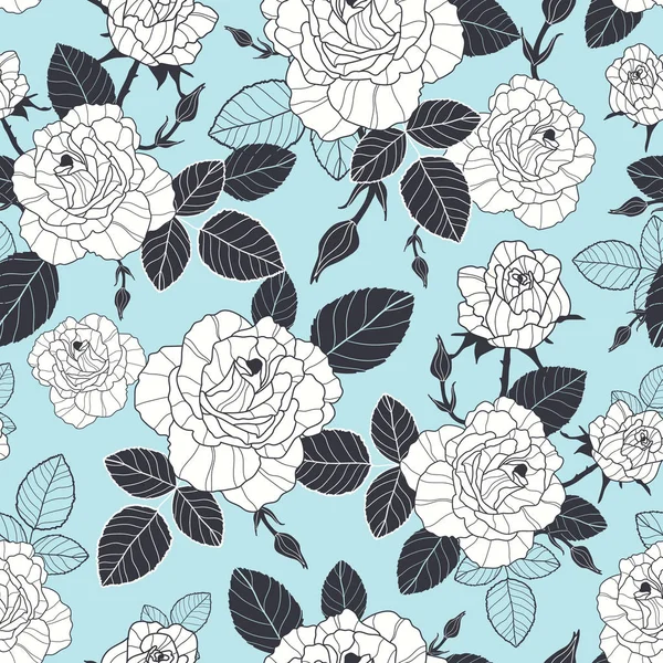 Vetor vintage pastel azul, preto, e rosas brancas e deixa padrão de repetição sem costura. Ótimo para tecido retro, papel de parede, projetos de scrapbooking . — Vetor de Stock