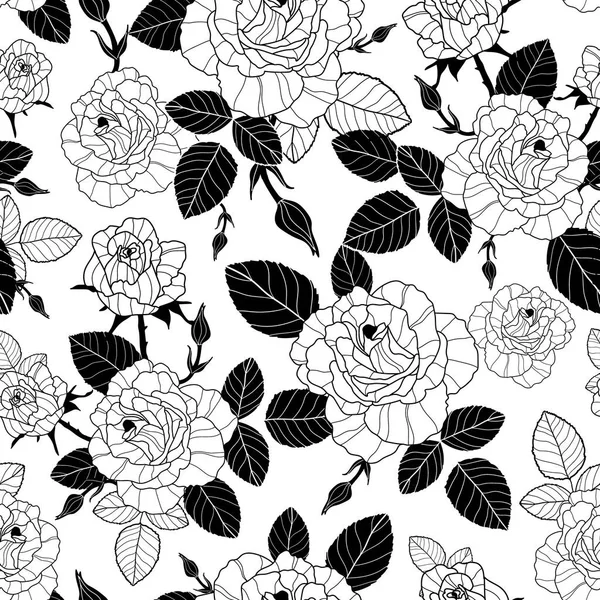 Vector vintage rosas en blanco y negro y hojas patrón de repetición sin costuras. Ideal para tela retro, papel pintado, proyectos de scrapbooking . — Archivo Imágenes Vectoriales