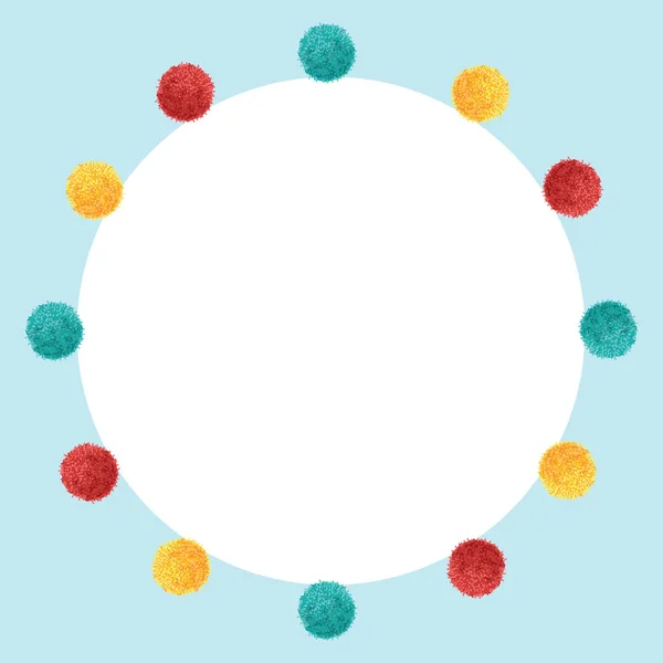 Vector Blue Frame Vibrant Birthday Party Pom Poms Circle Set and Round Backdrop Background. Great for handmade cards, invitations, wallpaper, packaging, nursery designs. — Stock Vector