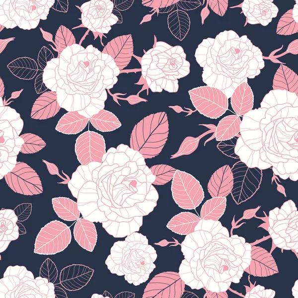 Vector vintage pink and white roses and leaves on dark, navy background seamless repeat pattern. Great for retro fabric, wallpaper, scrapbooking projects. — Stock Vector