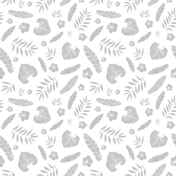 Vector gris plateado patrón hawaiano de verano tropical sin costuras con plantas tropicales, hojas y flores de hibisco sobre fondo blanco. Ideal para la tela temática de vacaciones, papel pintado, embalaje . — Vector de stock