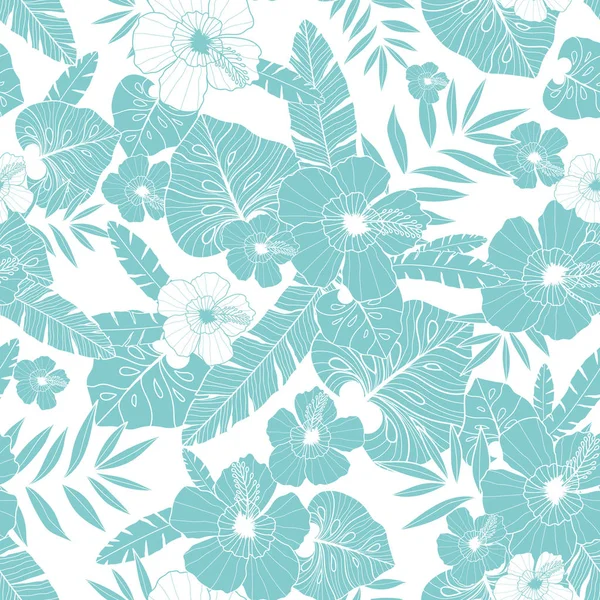 Vector light blue drawing tropical summer hawaiian seamless pattern with tropical plants, leaves, and hibiscus flowers. Great for vacation themed fabric, wallpaper, packaging. — Stock Vector