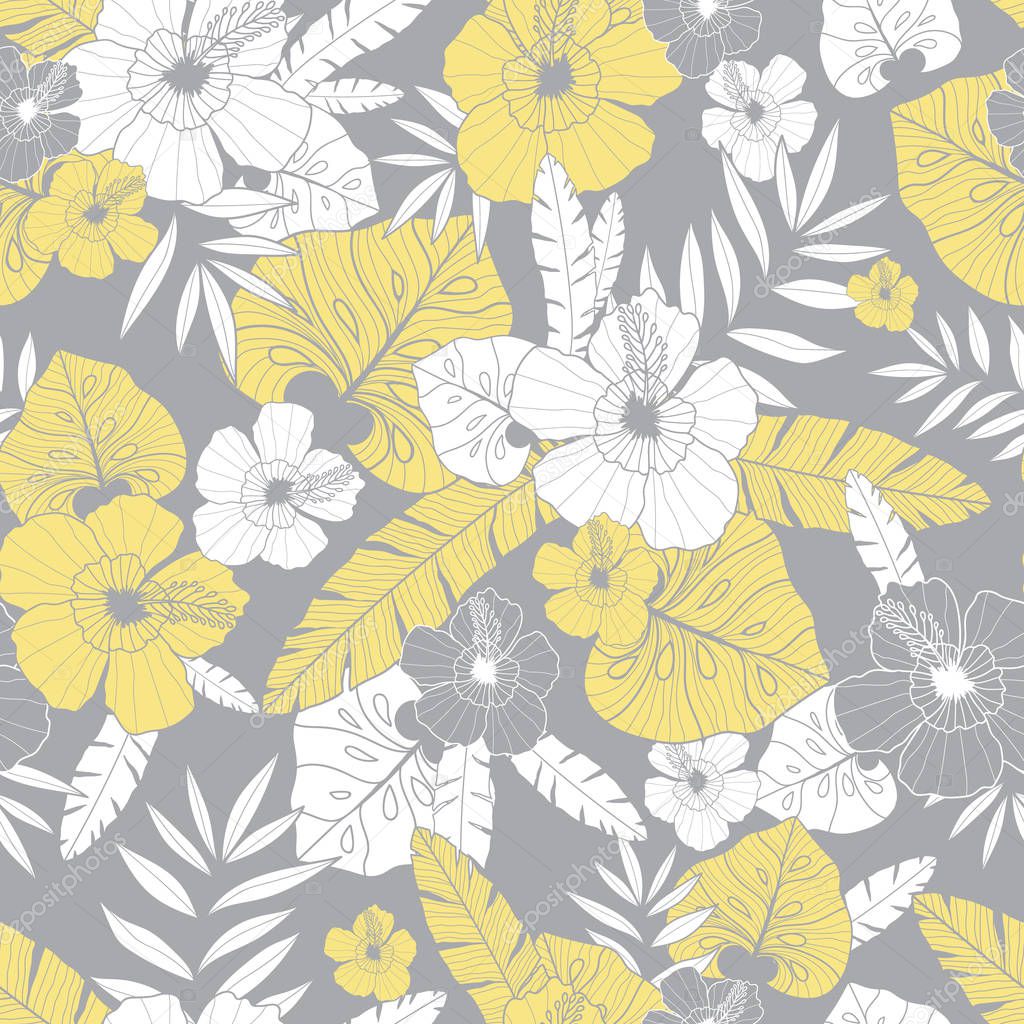 Vector light yellow and grey drawing tropical summer hawaiian seamless pattern with tropical plants, leaves, and hibiscus flowers. Great for vacation themed fabric, wallpaper, packaging.