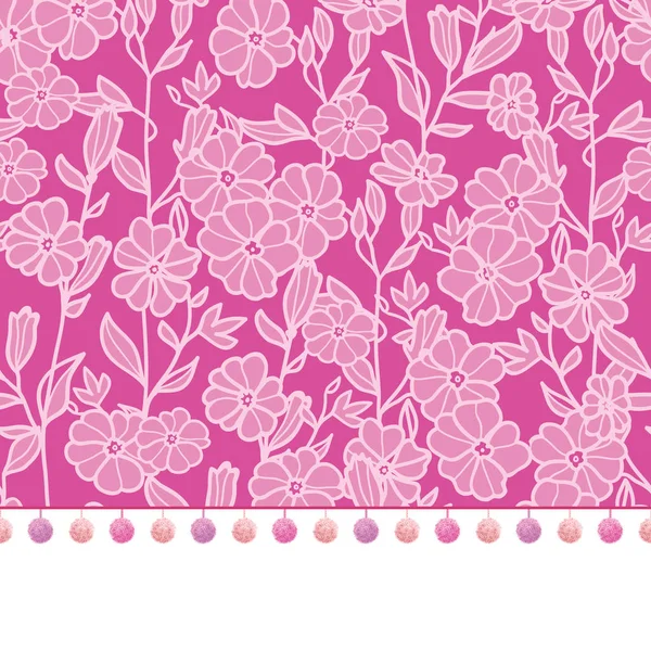 Vector pompom grens trim op roze bloemen naadloze terugkeerpatroon ontwerp achtergrond afdrukken. Perfect voor kleding, stof, home decor, inwikkeling van projecten. — Stockvector