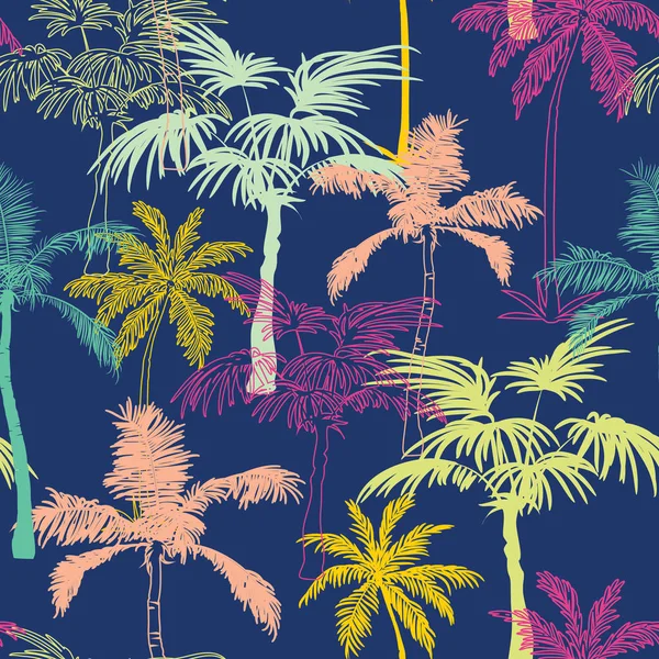 Векторные темно-синие разноцветные геометрические пальмовые деревья повторяют безморщинистый фон. Может использоваться для тканей, обоев, канцелярских принадлежностей, упаковки . — стоковый вектор