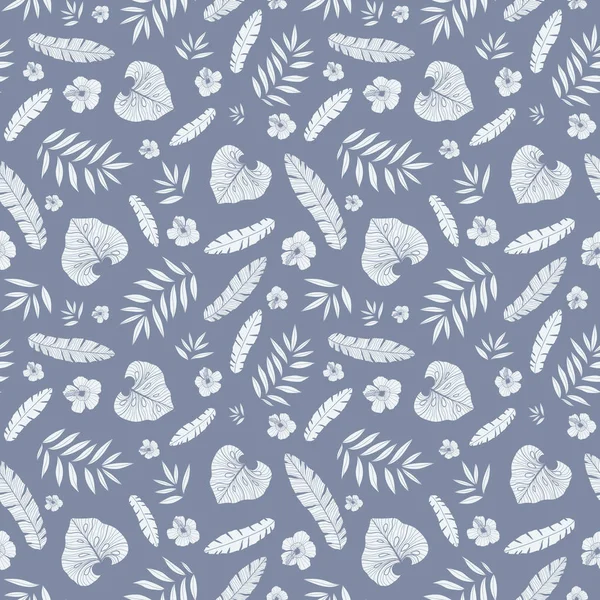 Vector dark grey tropical summer hawaiian seamless pattern with tropical plants, leaves, and hibiscus flowers on white background. Great for vacation themed fabric, wallpaper, packaging. — Stock Vector