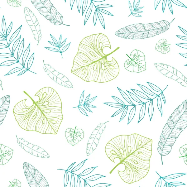 벡터 열 대 드로잉 여름 하와이 원활한 패턴 열 대 녹색 식물 및 해군 파란색 배경에 잎입니다. 휴가 테마 패브릭, 벽지, 포장에 적합. — 스톡 벡터