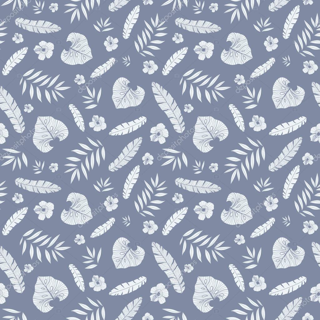 Vector dark grey tropical summer hawaiian seamless pattern with tropical plants, leaves, and hibiscus flowers on white background. Great for vacation themed fabric, wallpaper, packaging.