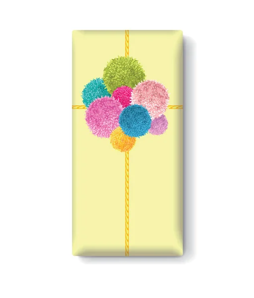 Boîte-cadeau jaune vectoriel avec un tas d'éléments colorés de Pom Poms de fête d'anniversaire pour bébés enfants. Idéal pour les cartes faites main, les invitations, le papier peint, l'emballage, les dessins de pépinière . — Image vectorielle