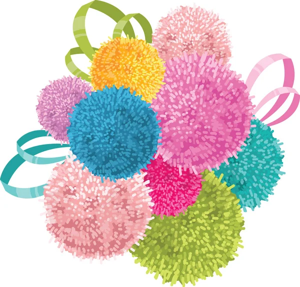 Vector Bunch of Colorful Baby Kids Birthday Party Pom Poms and Ribbons Element. Great for handmade cards, invitations, wallpaper, packaging, nursery designs. — Stock Vector