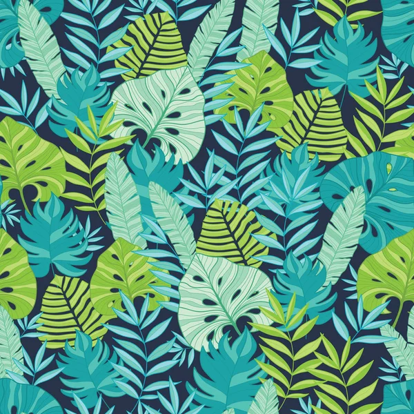 Wektor zielony i niebieski rozproszone tropikalnych lato hawaiian wzór z tropikalną roślinnością i liści na ciemnym tle. Świetne wakacje tematyczne tkaniny, Tapety, opakowania. — Wektor stockowy