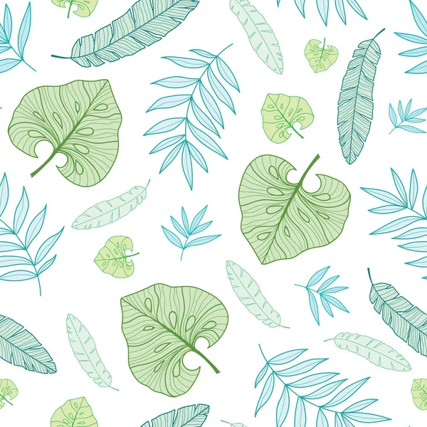 Vector pastel tropical drawing summer hawaiian seamless pattern with tropical green plants and leaves on navy blue background. Great for vacation themed fabric, wallpaper, packaging. — Stock Vector