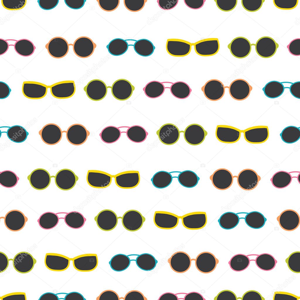 Vector dark colorful sunglasses stripes summer vacation seamless pattern. Great for vacation themed fabric, wallpaper, packaging.